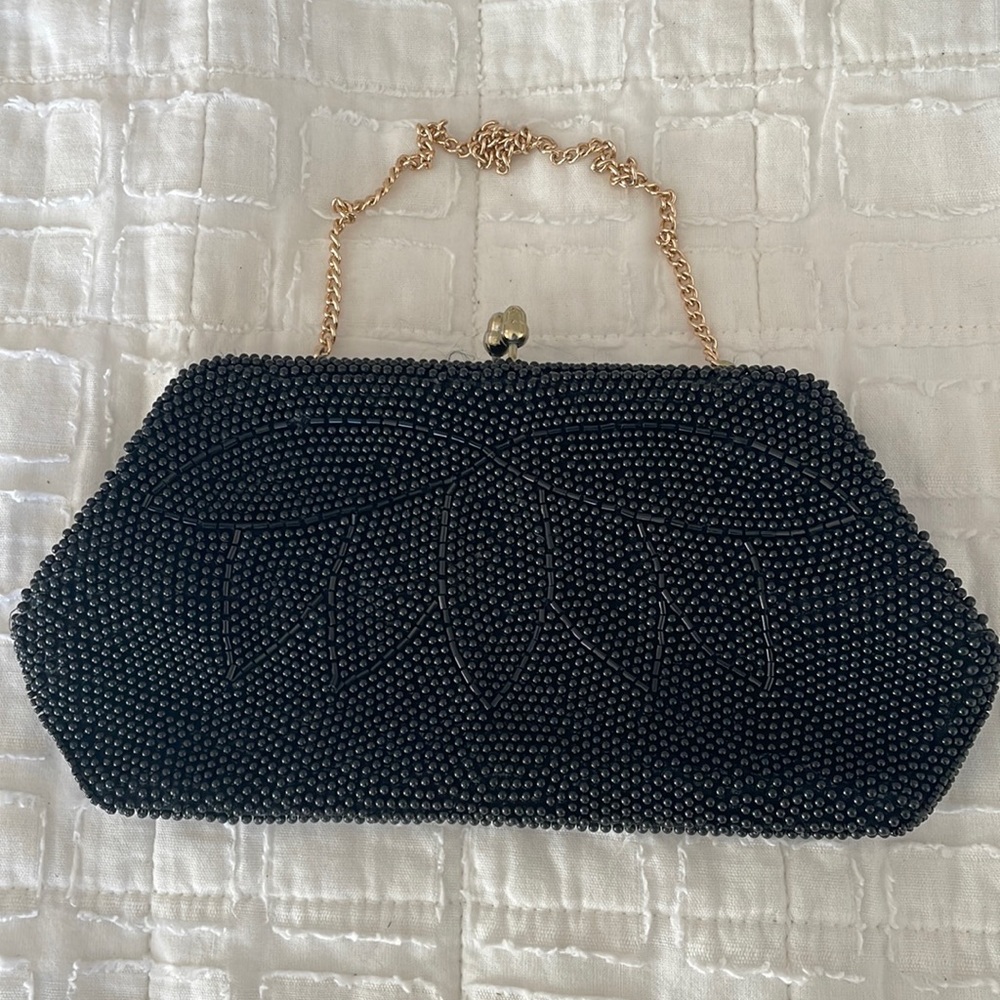 Beaded clutch with gold chain strap pocket with mirror
